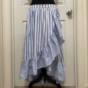 Who What Wear High Low Wrap Style Midi Skirt Ruffle Hem Blue‎ White Stipe XS - S